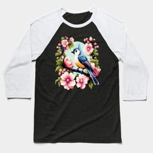Cute Tufted Titmouse Surrounded by Vibrant Spring Flowers Baseball T-Shirt